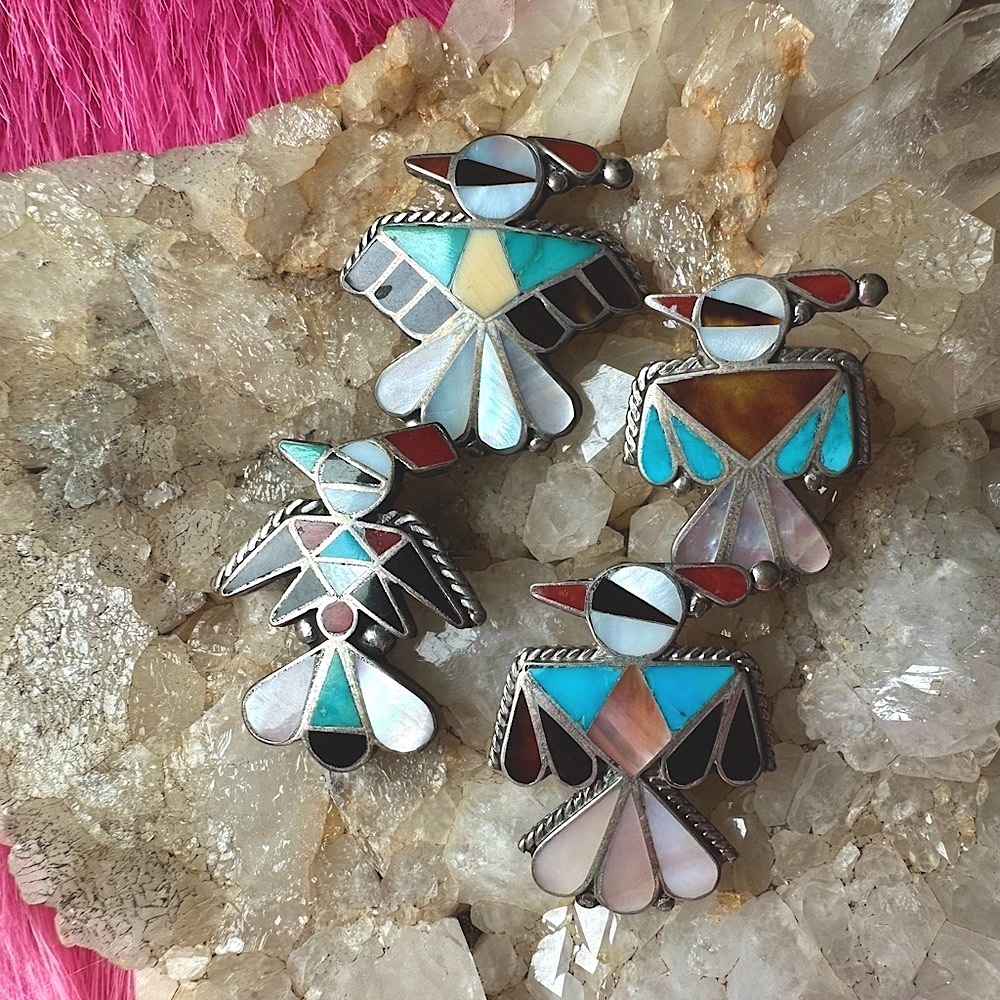 Authentic Native American Zuni sterling turquoise inlay thunderbird pin set